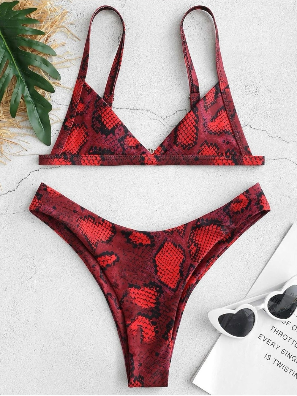 🩷 Zaful Red & Black Snake-Print Triangle Micro Bikini